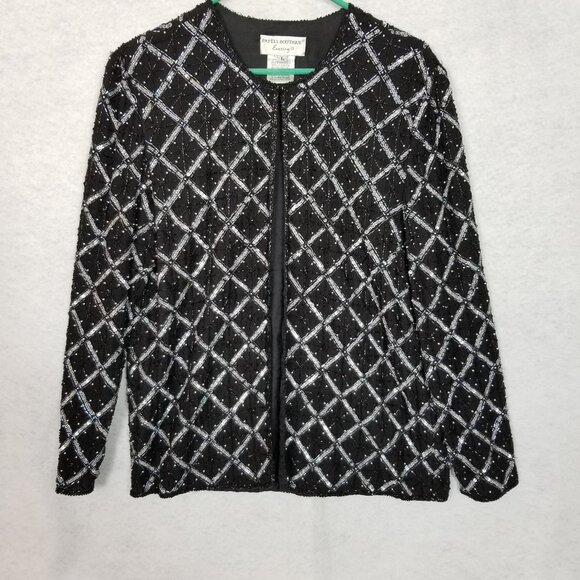 PAPELL BOUTIQUE Evening Windowpane Silk Beaded Accents Jacket Black Large ~ 4451 - Picture 1 of 7